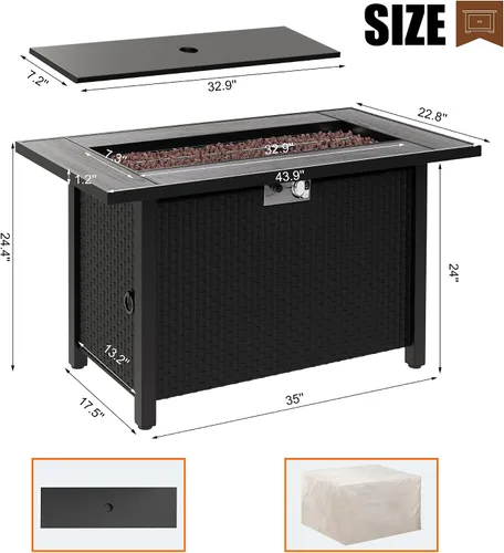 Vista 2 de Mesa para fogata de propano de 44 pulgadas, mesa rectangular de gas para exteriores de 50,000 BTU con tapa, cubierta impermeable, mesa rectangular