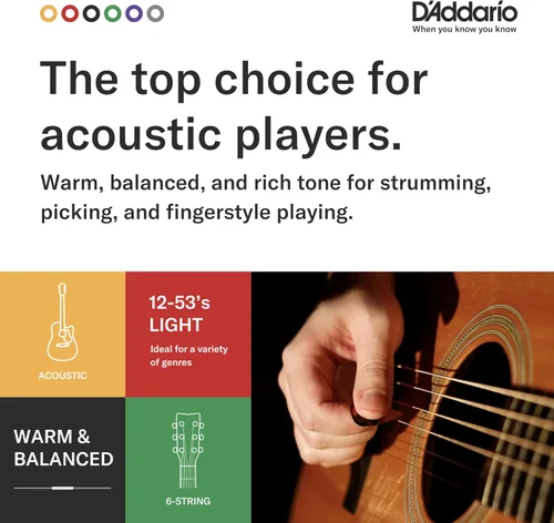 Vista 3 de Cuerdas para guitarra acústica de bronce fosforado D'Addario, blanco negro rojo azul