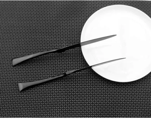 Vista 4 de Juego de cubiertos de color oscuro de acero inoxidable 18/10 pulido con espejo negro – Juego de cubiertos de cubiertos de cuchillo para carne