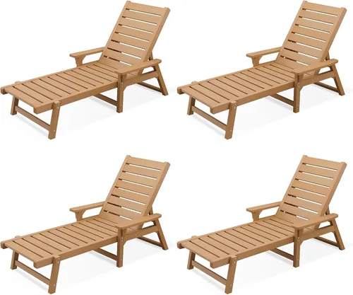 Vista 21 de Chaise Lounge, madera de polietileno, silla de salón al aire libre con respaldo ajustable, resistente a la intemperie, impermeable, a prueba