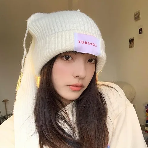 Vista 3 de Bonitos gorros para mujer, gorros para mujer, accesorios Y2K, gorros kawaii de ganchillo para mujer, orejas de conejo