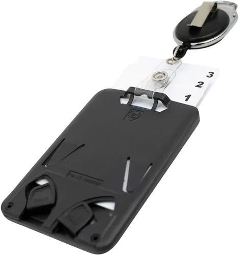 Vista 4 de Portatarjetas de tres tarjetas de plástico rígido con carrete retráctil - Cordón retráctil con clip para cinturón y mosquetón - Soporte vertical