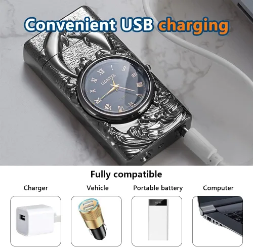 Vista 5 de GADATOP Encendedor eléctrico recargable a prueba de viento, encendedor de plasma con alivio de delfines 3D, reloj integrado con luz LED para uso
