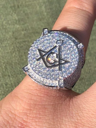 Vista 4 de Anillo masónico de plata 925 para hombre con diseño masónico, tamaños 7-13, anillo de hip hop helado, Metal, Zirconia cúbica