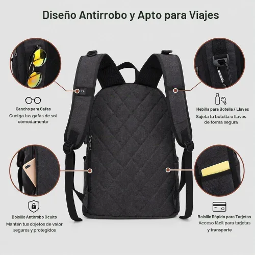 Vista 6 de Mochila de lona para laptop, mochila escolar impermeable con carga USB, 17.32in X 12.6in X 6.0in, Mochilas Daypack Negro