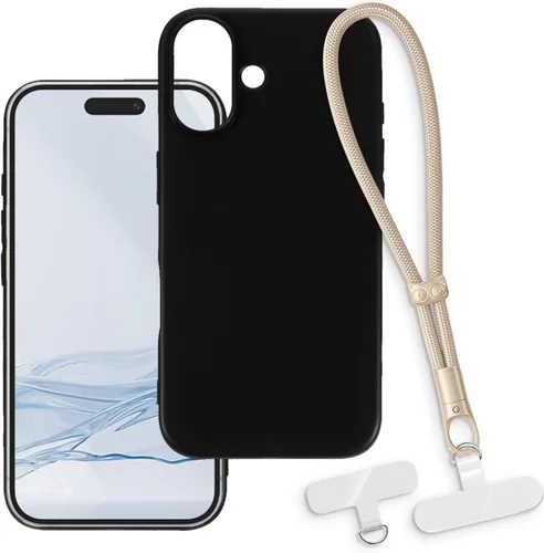 Vista 10 de Funda y correa de muñeca para iPhone 16 - transparente+negro Funda protectora 2 en 1 para teléfono de 6.1 pulgadas con cordón desmontable y Funda