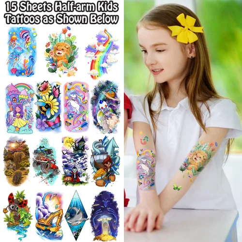 Vista 4 de Leesgel 66 hojas de tatuajes temporales para niños, tamaño mixto, calcomanías falsas de tatuajes con dinosaurios/coches/sirena, suministros