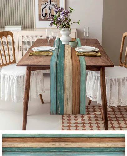Vista 3 de Camino de mesa retro de lino y algodón geométrico, tapete rectangular para tocador, tablones de madera rústica, alfombra al aire libre para café