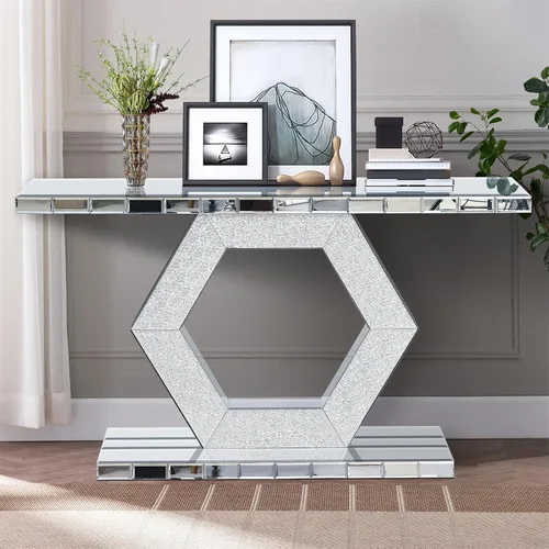 Vista 6 de Mesa consola con espejo de 55 pulgadas, mesa larga para sofá de sala de estar, oficina, detalles de cristal de diseño hexagonal, moderno escritorio