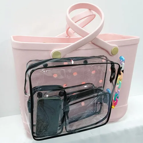 Vista 7 de Paquete de 4 bolsas de almacenamiento de maquillaje transparentes para bolsa de playa, accesorios con ganchos mosquetón, Claro, Bolsa