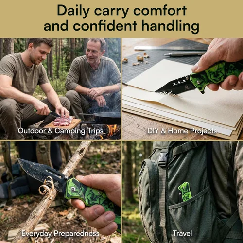 Vista 6 de Cuchillo de bolsillo de rescate – Cuchillo plegable manual con mango que brilla en la oscuridad, rompecristales, cortador de cinturón de seguridad
