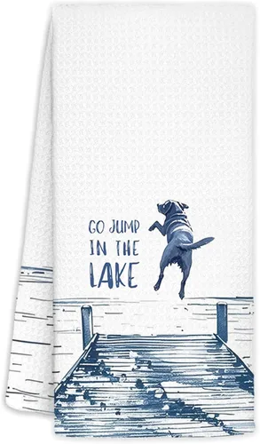 Vista 8 de Toallas de cocina azules con decoración de casa del lago, regalos para casa del lago, toallas de cocina divertidas con temática de perro del lago