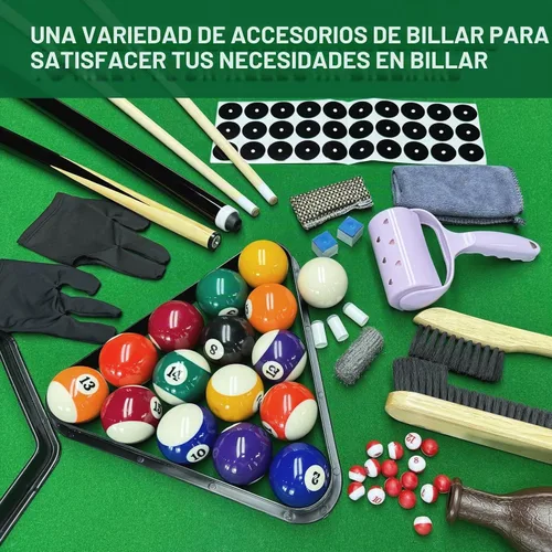 Vista 4 de Juego de 95 accesorios para mesa de billar: bolas, triángulo, estante, taco, tiza, puntas, calcomanías, paño, cepillo y limpiador