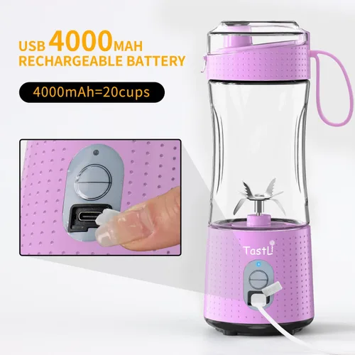 Vista 3 de Licuadora portátil, licuadora de batidos, pequeña licuadora personal para batidos, batidos y mezclas de proteínas, inalámbrica, eléctrica, Rosa