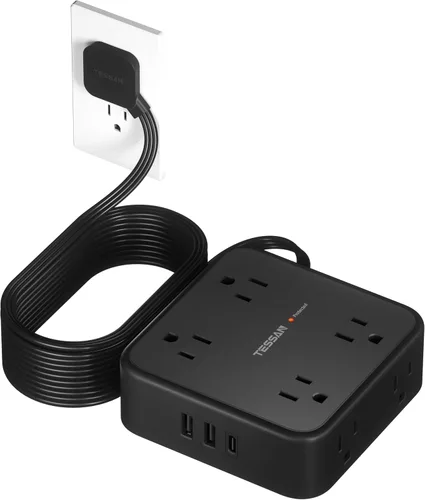 Vista 18 de TESSAN - Tira de alimentación con protector de sobretensiones, cable de extensión plano de 5 pies con 8 salidas de CA, 3 puertos USB (1 USB C), Gris