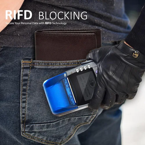 Vista 31 de Cartera de cuero RFID hecha a mano para hombres, elegante cartera de bolsillo frontal triple con 2 ranuras para identificación y 9 tarjetas, Azul
