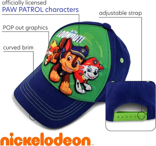 Vista 2 de Nickelodeon Gorra de béisbol de Paw Patrol para niños pequeños, 3D Chase, Marshall, ala curvada de escombros a presión