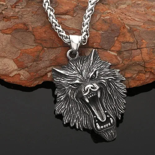 Vista 3 de Collar con colgante de cabeza de lobo vikingo Fenrir de acero inoxidable retro para hombre, Metal, No es una piedra preciosa
