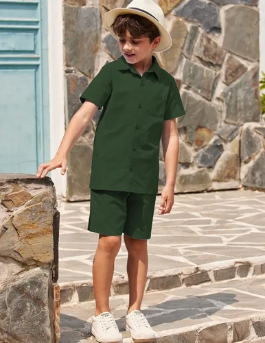 Vista 5 de COOFANDY Conjunto de camisa y pantalones cortos de algodón de manga corta con botones para niño de 2 piezas