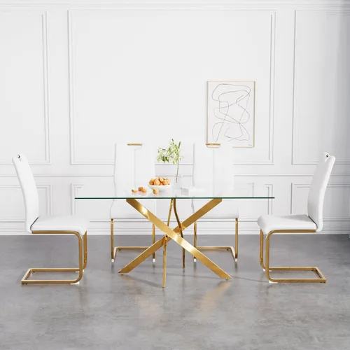Vista 21 de Juego de mesa de comedor de 36 pulgadas para 4, moderna parte superior cuadrada de vidrio templado, mesa de patas de acero inoxidable con acabado