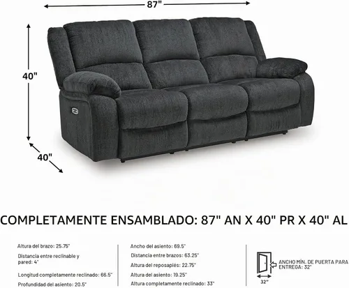 Vista 3 de Signature Design by Ashley Sofá reclinable eléctrico, sofá de 3 plazas