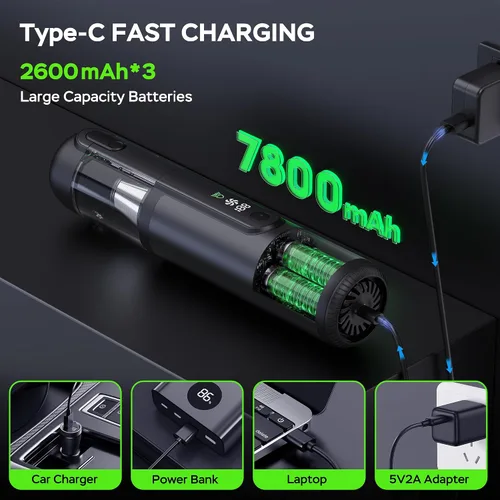 Vista 5 de Aspiradora portátil para automóvil, inalámbrica, 18000 Pa 4 en 1, mini aspiradora de potencia de succión, motor sin escobillas de 120 W, aspiradora