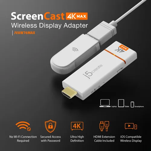Vista 2 de j5create ScreenCast - Adaptador de pantalla inalámbrico 4K Max con antena mejorada, transmisión de video y audio desde móvil/tableta/computadora