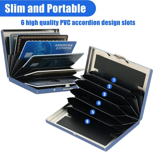 Vista 70 de BONSYL® Soporte para tarjetas de crédito, cartera delgada de metal con bloqueo RFID, con 6 ranuras para tarjetas, para mujeres y hombres.