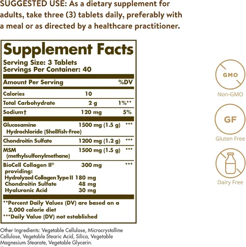 Vista 3 de SOLGAR Glucosamina ácido hialurónico condroitina MSM, 120 tabletas y piel, uñas y cabello, fórmula avanzada de MSM, 120 tabletas
