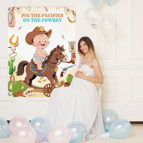 Vista 6 de GLURUITE Pin The Chupete On The Cowboy Baby Shower Juego incluye póster grande, 24 calcomanías para chupete, juego para vendar los ojos