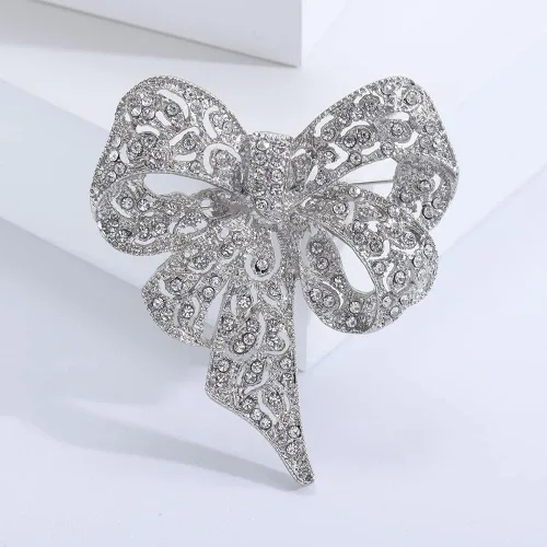 Vista 2 de Broches vintage con nudo de lazo grande y brillantes, broches de solapa, broche de cinta clásico para mujeres y niñas, vestidos delicados, camisa