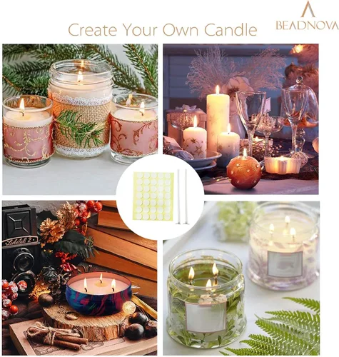 Vista 4 de BEADNOVA Mechas de algodón para velas de 4 pulgadas, 50 piezas con calcomanías, mechas cortas para hacer velas y calcomanías de doble cara