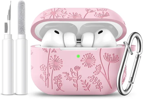 Vista 26 de Lerobo Funda para AirPods 5/4, funda de silicona suave grabada con flores A-Negro