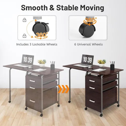 Vista 6 de Giantex Escritorio plegable para espacio pequeño, escritorio de oficina en casa rodante con 3 cajones y ruedas universales con cerradura, escritorio
