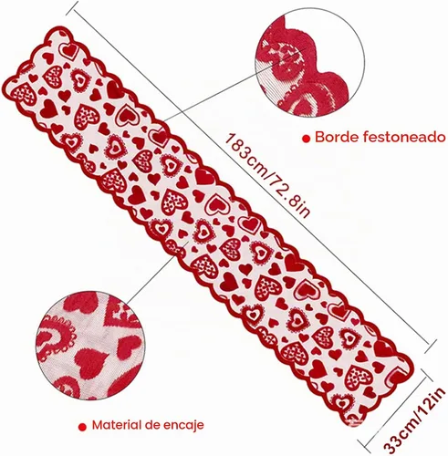 Vista 2 de JOYFISCO Camino de mesa para decoración del día de San Valentín, camino de mesa de encaje con corazón rojo para bodas, decoraciones de San Valentín