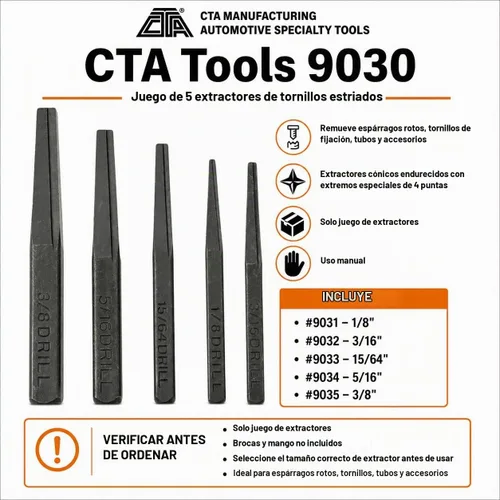 Vista 7 de CTA Tools 9030 Juego de extractor de tornillos estriados, kit de herramientas manuales de 5 piezas para pernos rotos, tornillos de fijación