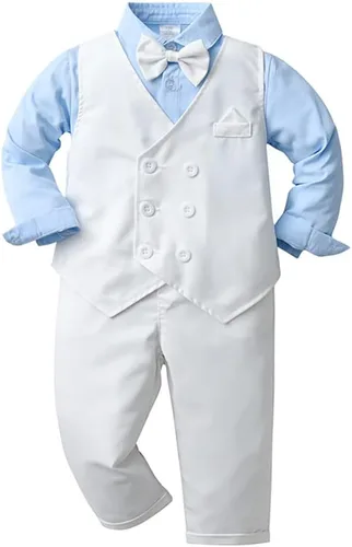 Vista 2 de IDOPIP Trajes de otoño e invierno para niños pequeños, camisa de manga larga con corbatín + chaleco + pantalones largos, overoles