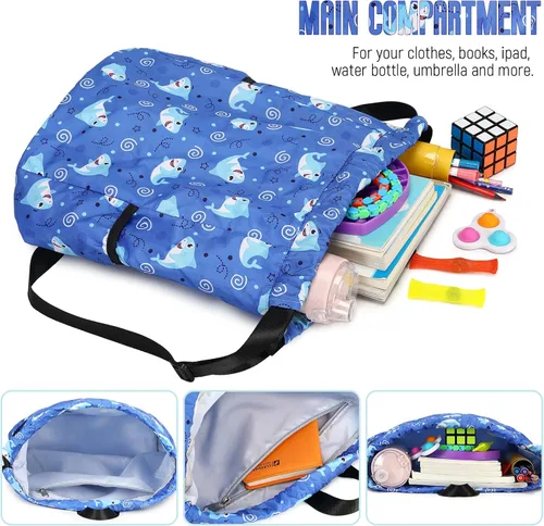 Vista 4 de Ryushoyo Bolsa impermeable con cordón para gimnasio, mochila deportiva para hombres, mujeres, niñas y niños, Tiburón Azul Oscuro, Classic