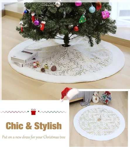 Vista 2 de Lewondr Falda de árbol de Navidad de 48 pulgadas, copos de nieve de lentejuelas doradas de felpa blanca para decoración de árbol de Navidad, beige