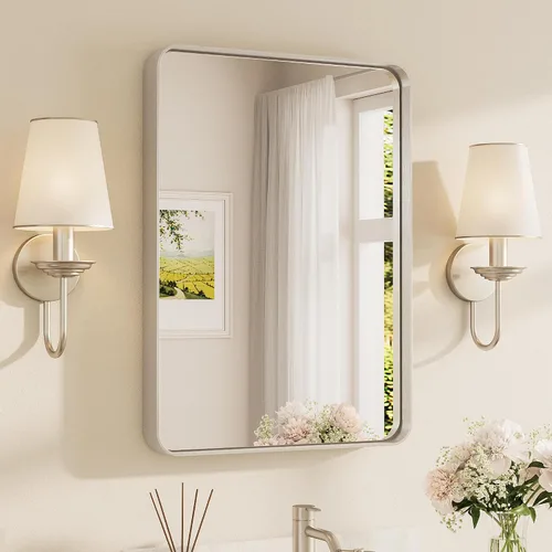 Vista 73 de Espejo de marco dorado cepillado de 16 x 24 pulgadas, espejo de tocador de baño de latón dorado para pared, espejo enmarcado rectangular de esquina