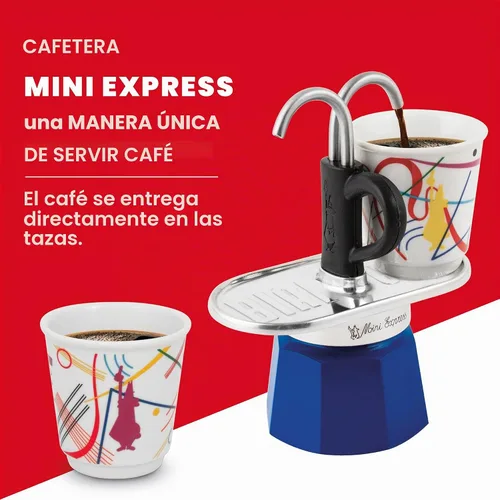 Vista 6 de Bialetti - Mini Express Kandinsky: El juego Moka incluye cafetera 2 tazas (2.8 Oz) + 2 vasos de chupito, azul claro, aluminio