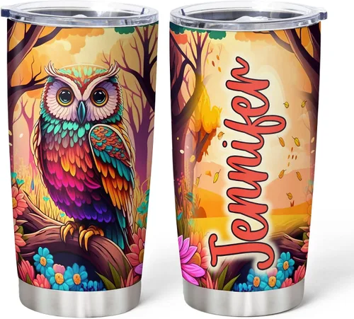 Vista 18 de Hyturtle Vaso personalizado para amantes de los búhos, vaso de café de acero inoxidable con nombre personalizado, 20 onzas con tapa, ideal como