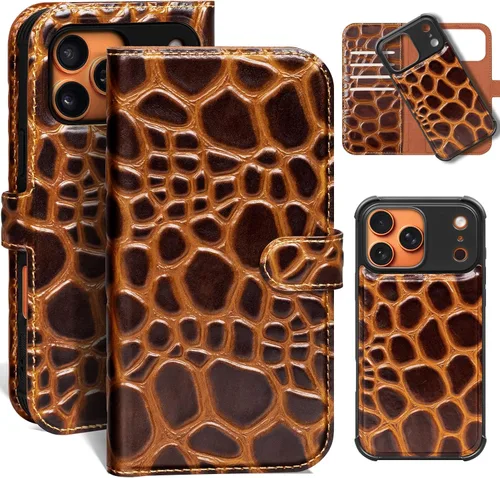 Vista 19 de Funda de cuero compatible con iPhone 16 Pro Max Cartera 6.9", cuero genuino 2 en 1, magnética, desmontable, a prueba de golpes, funda tipo folio