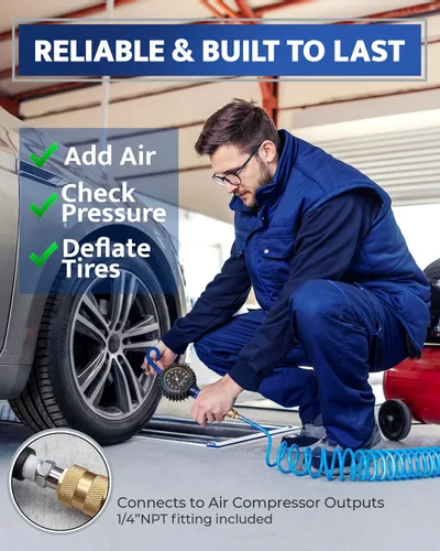 Vista 2 de Inflador de neumáticos con manómetro y manguera más larga, portabrocas de aire más preciso y resistente con medidor para compresor de aire Azul