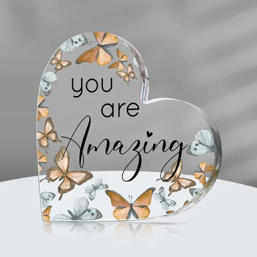 Vista 7 de Yulejo - Regalo inspirador de mariposa con texto en inglés «You Are Amazing Love», decoración de mariposa con forma de corazón de acrílico