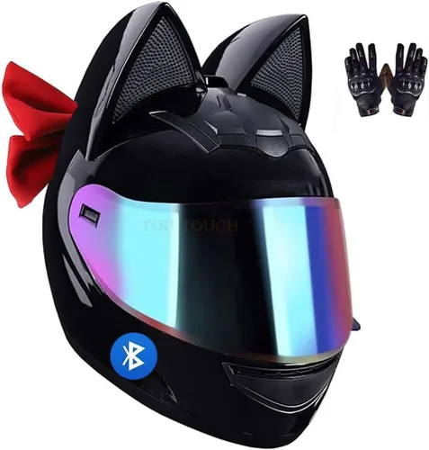 Vista 6 de Casco de motocicleta con orejas de gato con Bluetooth de cara completa, para hombres y mujeres, lindo casco modular con visera abatible, para Blanco