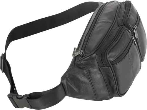 Vista 5 de Riñonera de piel auténtica, bolsa de cintura, organizador con cinturón ajustable, múltiples bolsillos para hombres y mujeres, Negro-878 Grande, L