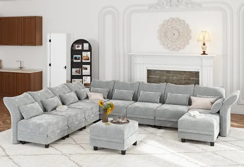 Vista 19 de LLappuil Sofá modular de 14 plazas con almacenamiento, sofás modulares grandes en forma de U para sala de estar con respaldos de brazos ajustables