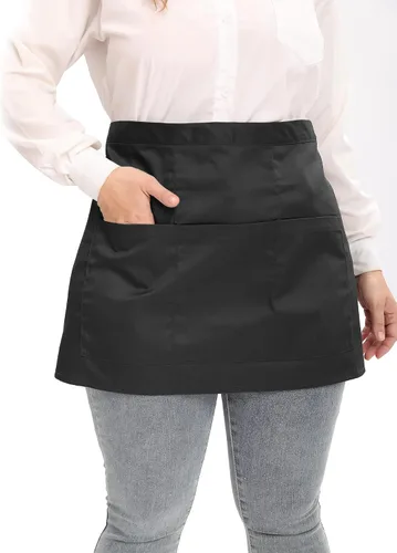 Vista 2 de Delantales de servidor, tamaño grande, 3 bolsillos, delantal de media cintura en color negro para mujeres y hombres