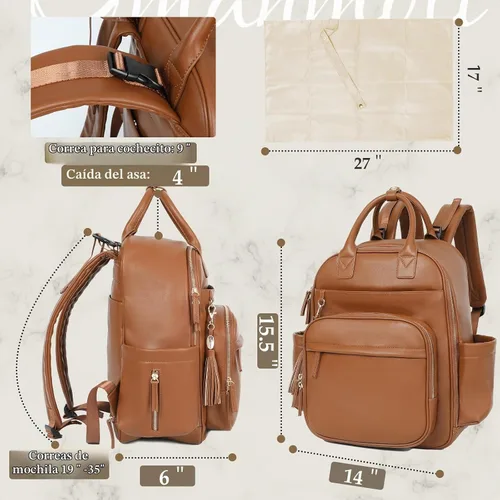 Vista 3 de Omanmoli Bolsa de pañales Mochila de cuero Bolsa de bebé Mochila de pañales Congac
